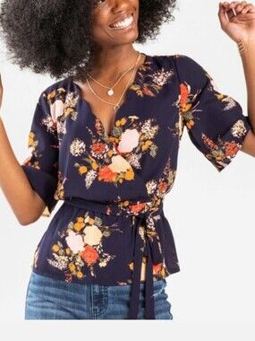 Blue Rain navy blue floral short sleeve faux wrap blouse size Xs